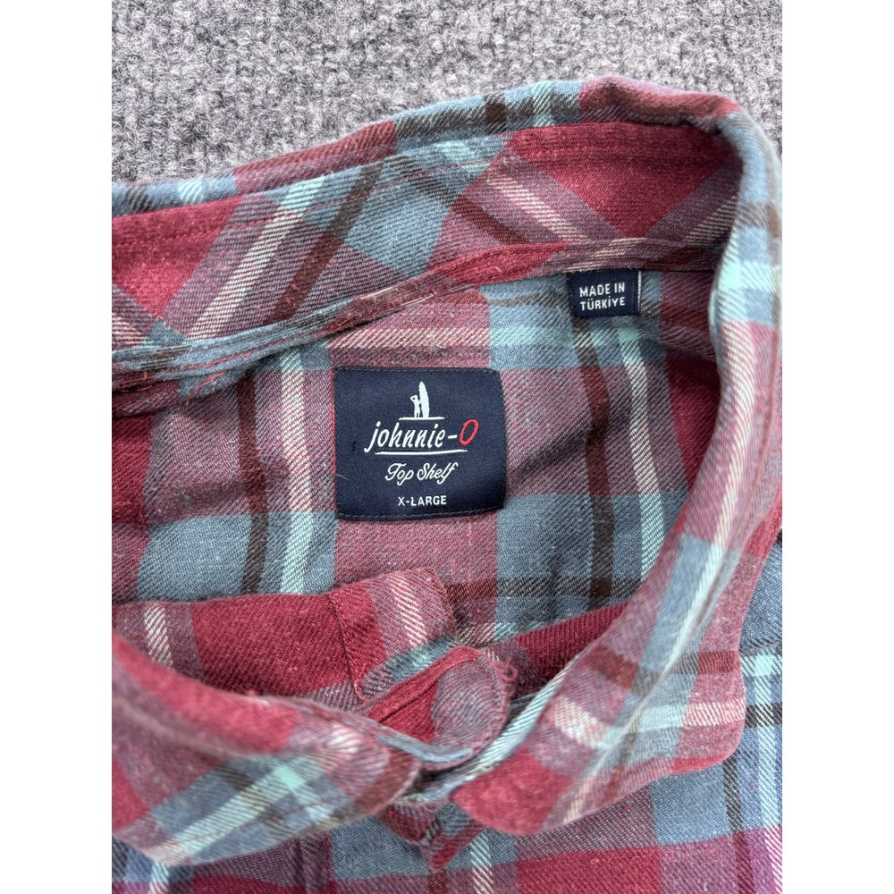Johnnie-O Top Shelf Mens XL Plaid Button Down Shirt Burgundy Blue Lyocell Hemp - Picture 6 of 9